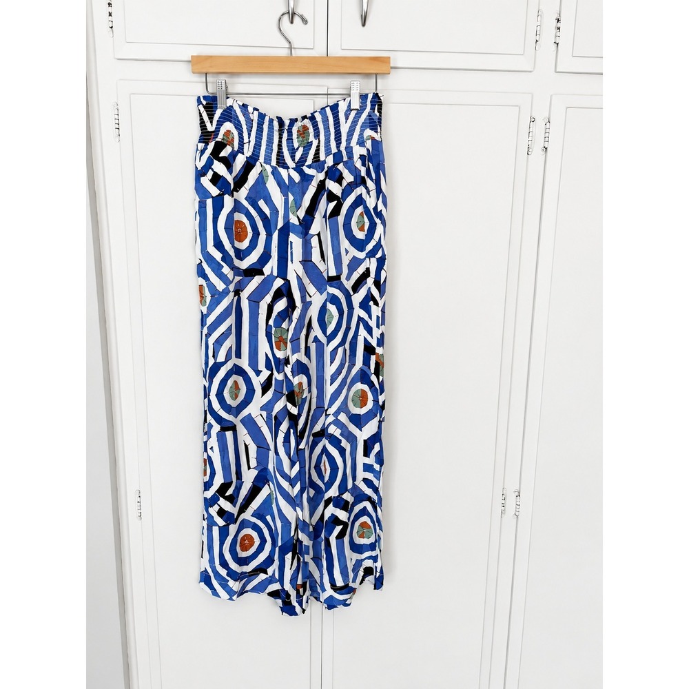 Maeve Anthropologie Blue White Geometric Smocked Wide Leg Pants Size M